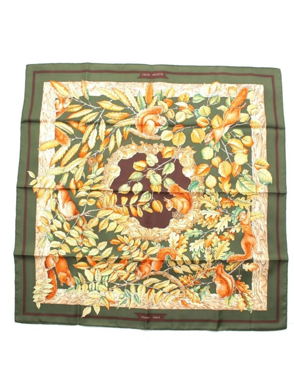 Hermes Carre 90 Silk Casse Noisette Nutcracker Scarf Green